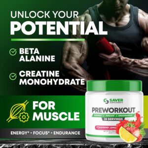 Pre Workout Powder with Beta Alanine, Creatine Monohydrate, BCAA, L Citrulline, L Arginine and Caffeine – Strawberry Lemonade Flavor – 25 Servings