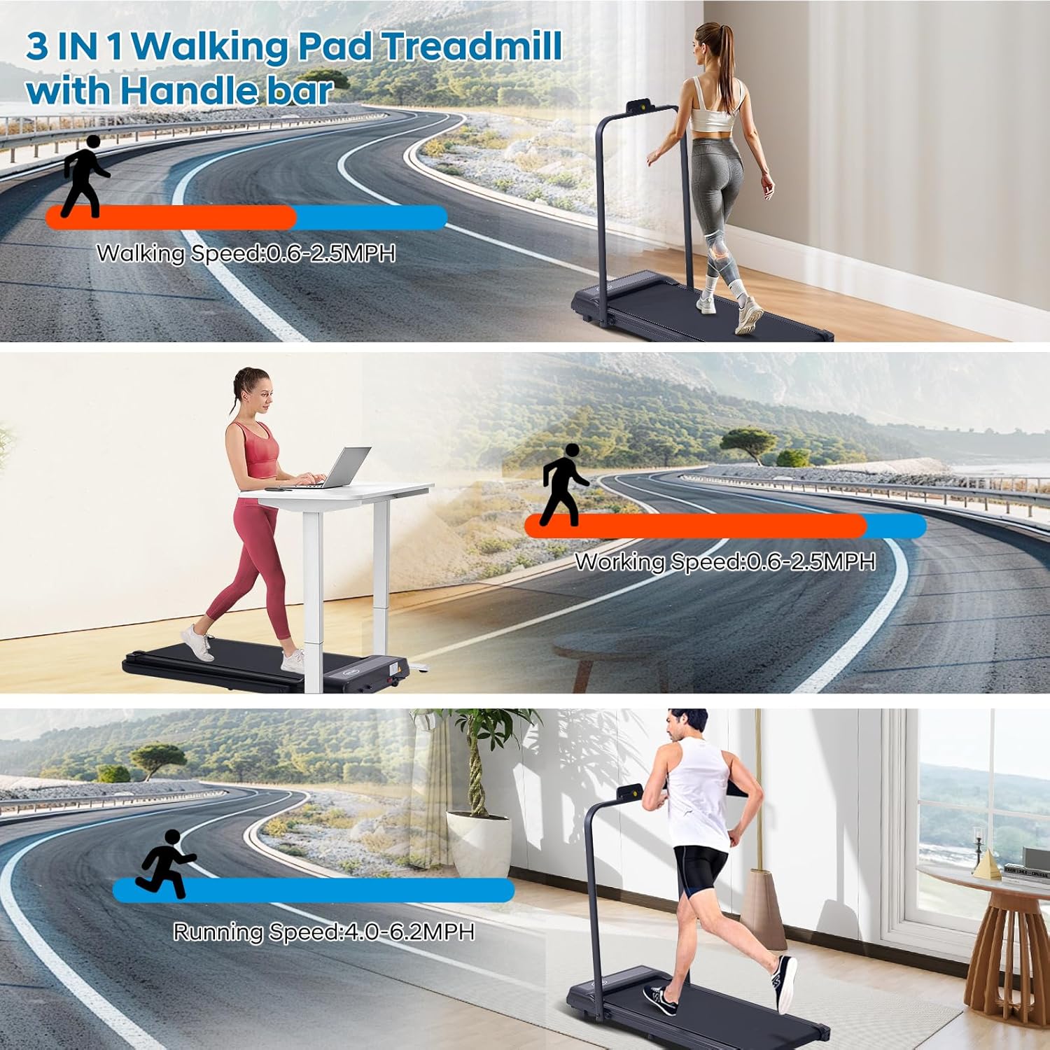 Walking Pad Treadmill with Handles, Folding Foldable Electric Treadmills for Home Small, 3.0HP Walking Pad with Handle Bar, 3 in 1 Portable Under Desk Treadmill with LED Display, 320LBS Capacity - Image 2