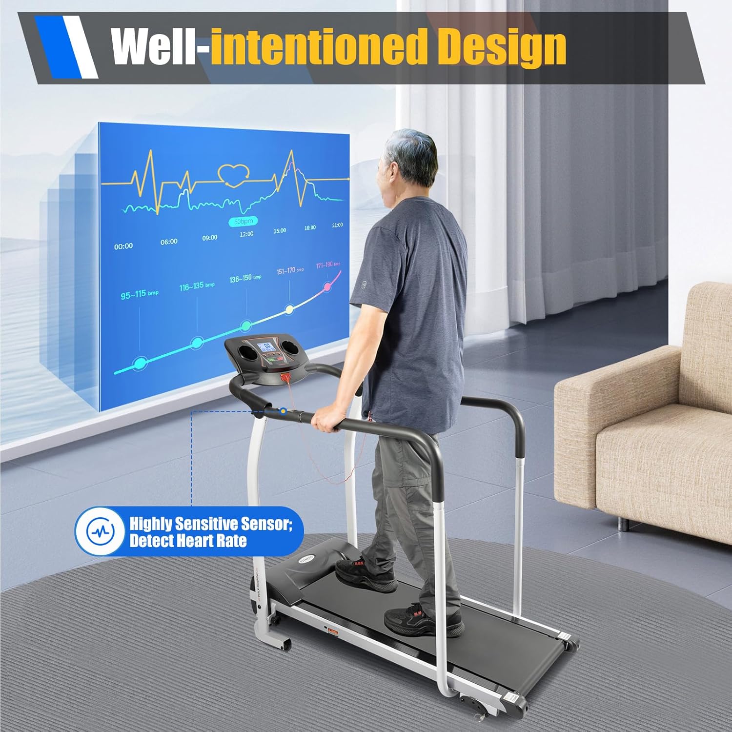 Walking Treadmill with Full Length Handrails & Heart Rate Sensor, LCD Display Screen Elderly Treadmill, Recovery Fitness Exercise Machine Foldable for Home use with Holder, 300 lbs Capacity - Image 3