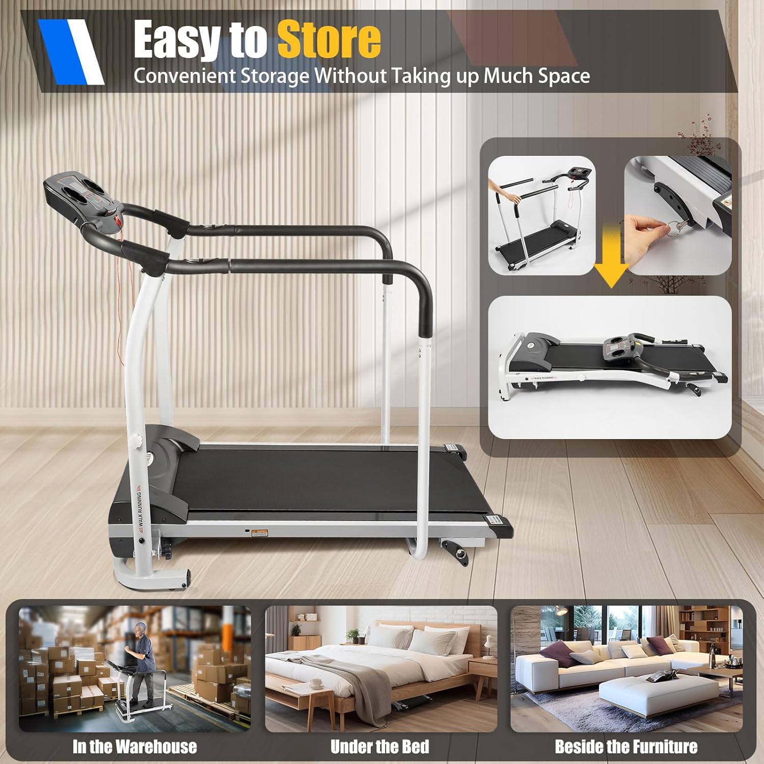 Walking Treadmill with Full Length Handrails & Heart Rate Sensor, LCD Display Screen Elderly Treadmill, Recovery Fitness Exercise Machine Foldable for Home use with Holder, 300 lbs Capacity - Image 7