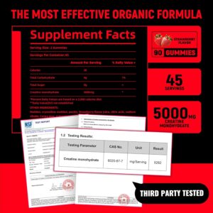 Creatine Monohydrate Gummies 5g for Men & Women – Boost Focus,Strength, and Endurance, Anti-Melting Formula, Vegan, Gluten-Free, Non-GMO, 2.5 Gram Creatine per Gummy (Strawberry 90 ct)