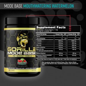 Gorilla Mind Base Pre Workout – Raises Nitric Oxide Intense Focus & Drive Endurance Power – L-Citrulline, L-Tyrosine, Betaine, Alpha-GPC, Caffeine, Huperzine A – 360 Grams (Watermelon)