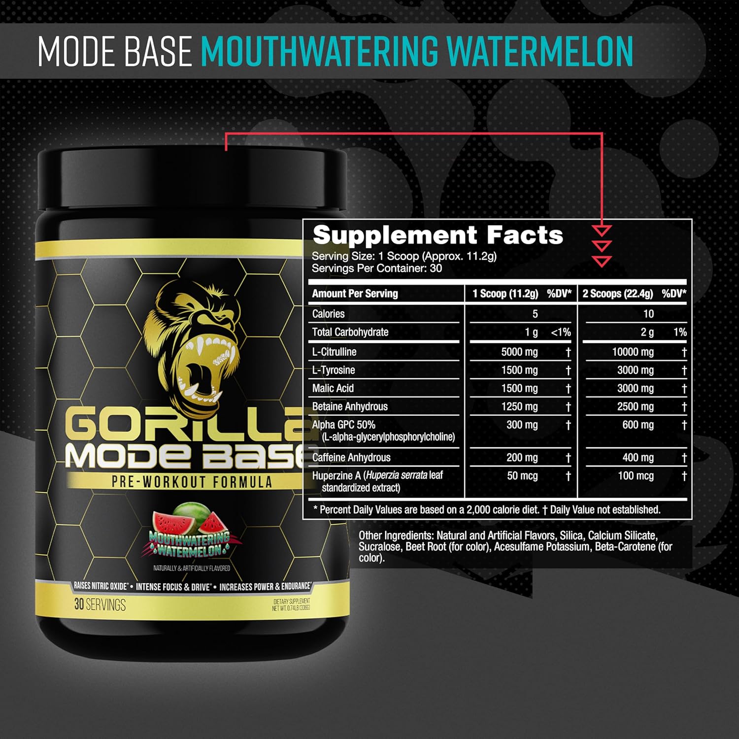 Gorilla Mind Base Pre Workout - Raises Nitric Oxide Intense Focus & Drive Endurance Power - L-Citrulline, L-Tyrosine, Betaine, Alpha-GPC, Caffeine, Huperzine A - 360 Grams (Watermelon) - Image 2