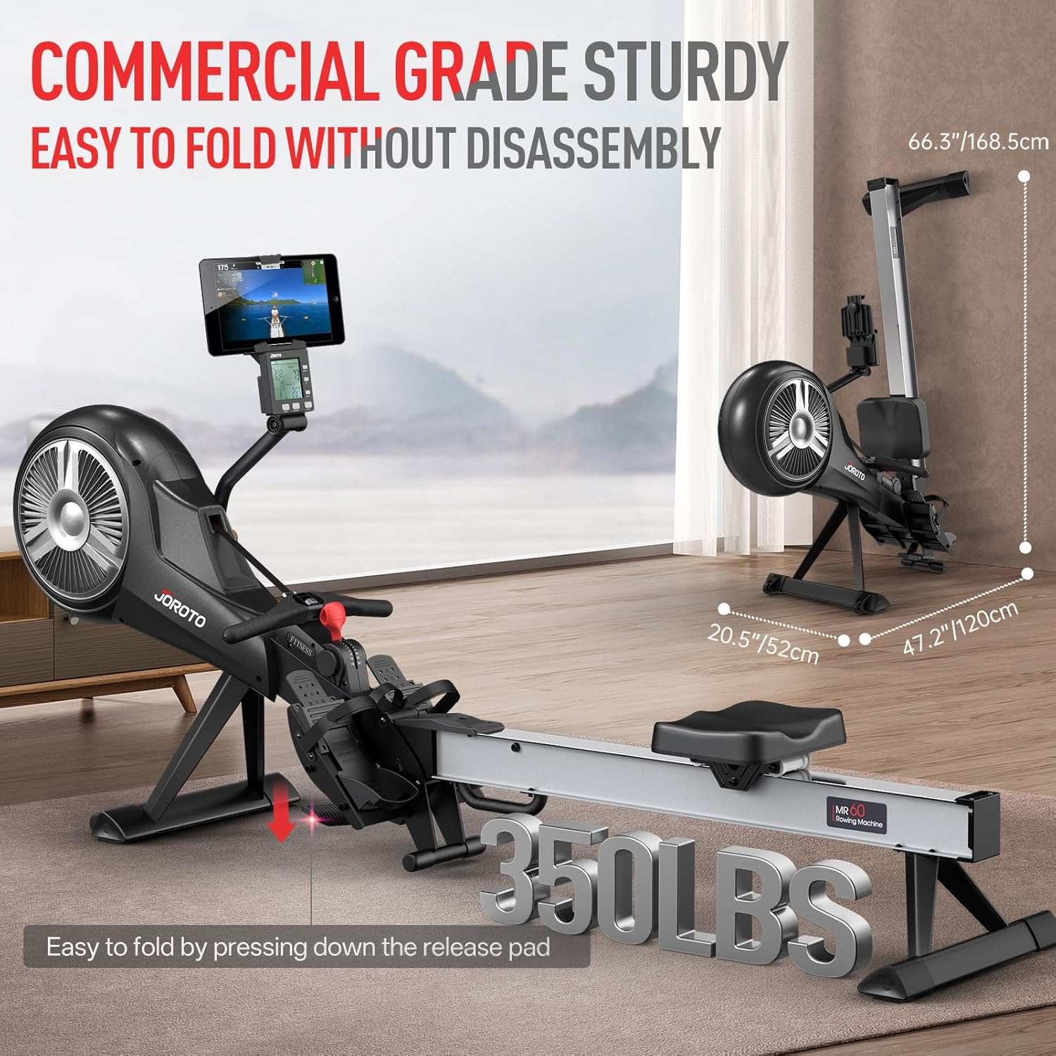 JOROTO Rowing Machines, Air Magnetic Rowing Machines for Home with Foldable,10 Levels Adjustable Resistance, Quiet Operation, Bluetooth App Compatible, Max 350lbs Weight Capacity, Black - Image 6