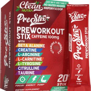 Clean Nutraceuticals Pre Workout Powder Energy Sticks – Caffeine 100mg, Energy Drink Mix, Creatine Monohydrate, Beta Alanine, L-Citrulline, L-Tyrosine, L-Carnitine, Electrolyte Hydration Packets 20 Ct