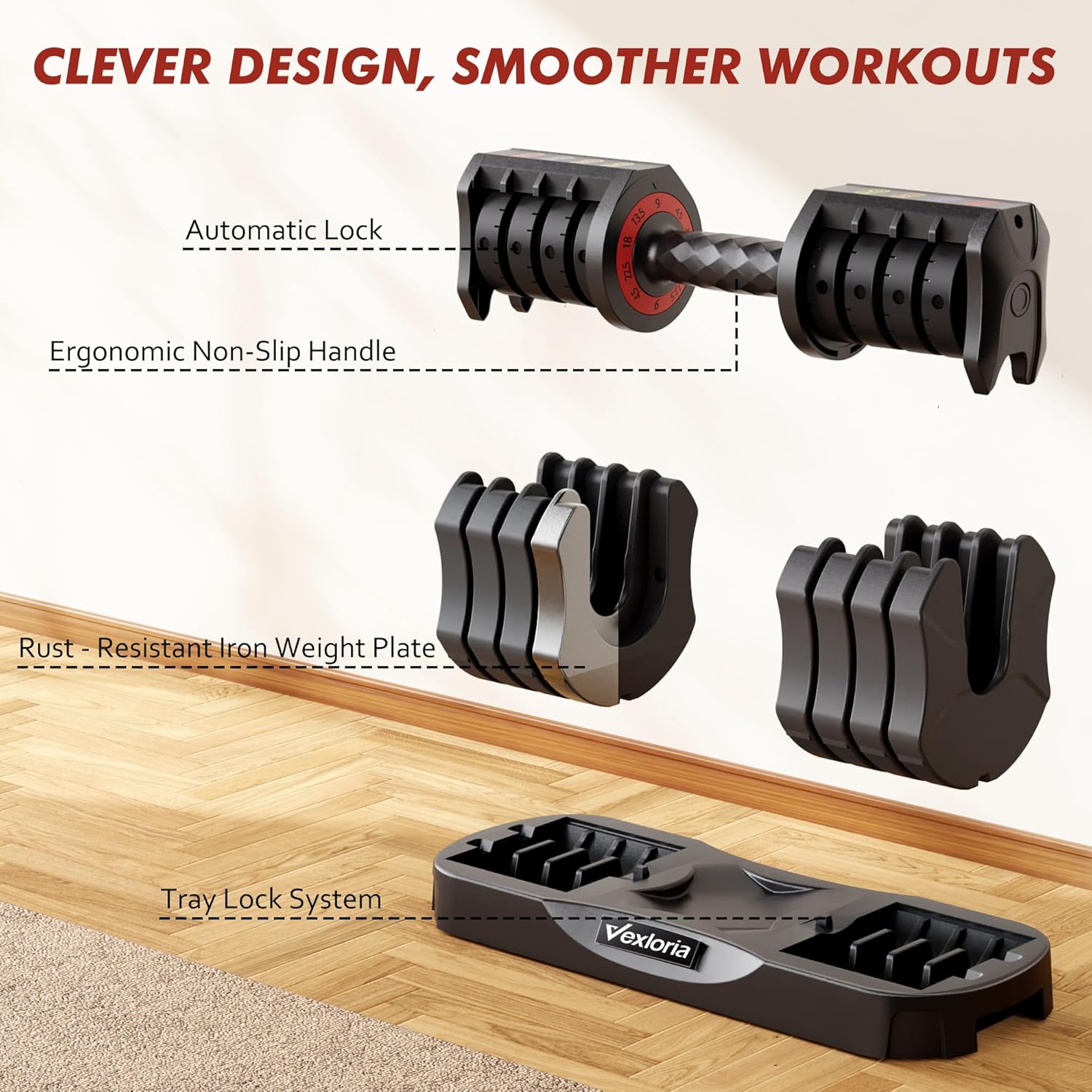 Adjustable Dumbbell Set, 22.5lb 5-in-1 Quick Adjust Dumbbell, Free Weights with Storage Tray for Home Gym, Full Body Workout Equipment for Men & Women - Image 5