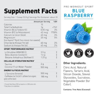 Kaged Sport Pre Workout Powder for Men & Women, Blue Razz, Sport Certified, 188mg Caffeine, Nitric Oxide Supplement, Beta Alanine for Energy, Weightlifting, Cardio Endurance & Strength, 20 Servings