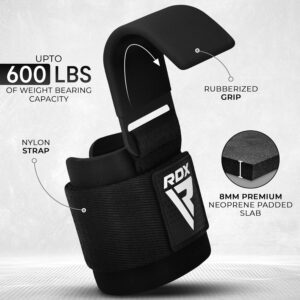 RDX Weight Lifting Hooks for Deadlifting (Pair) – 600Lbs Capacity – 8MM Neoprene Wrist Support Wraps – Grip Enhancer for Pull Ups Lat Pulldowns Rows – Adjustable Gym Workout Power Straps for Men Women