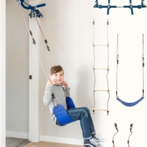Gym1 Indoor Doorway Gym for Kids & Adults – 4-Piece, Blue – Swing Set with Sensory Swing, Pull Up Bar & Grip Rings, Agility Ladder – 300 lb Capacity