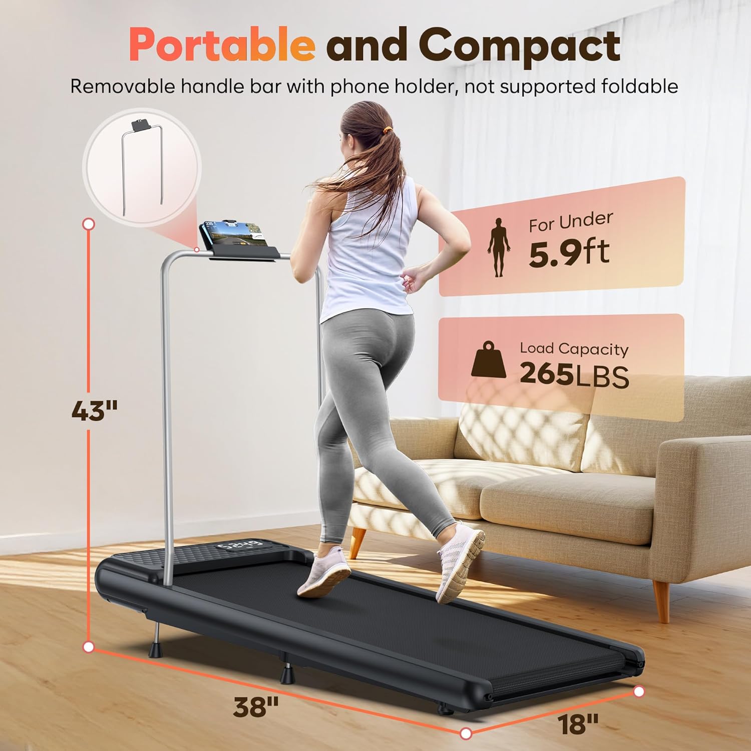 WELLFIT 10% Incline Walking Pads with Handle Bar for Home Office Apartment, Small Under Desk Treadmills with Hiking Climbing Mode for Efficient Fat-Burn, Works for APPs/Mute Remote, 360 LBS Capacity - Image 6
