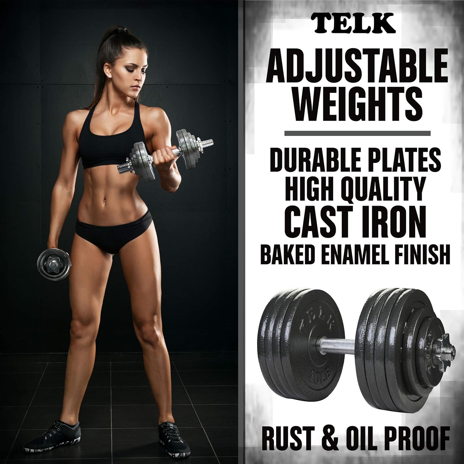 TELK – Adjustable Dumbbell Set – Home Gym Weight Set with Baked Enamel Cast Iron Plates – Space-Saving Free Weights for Strength Training - Image 7