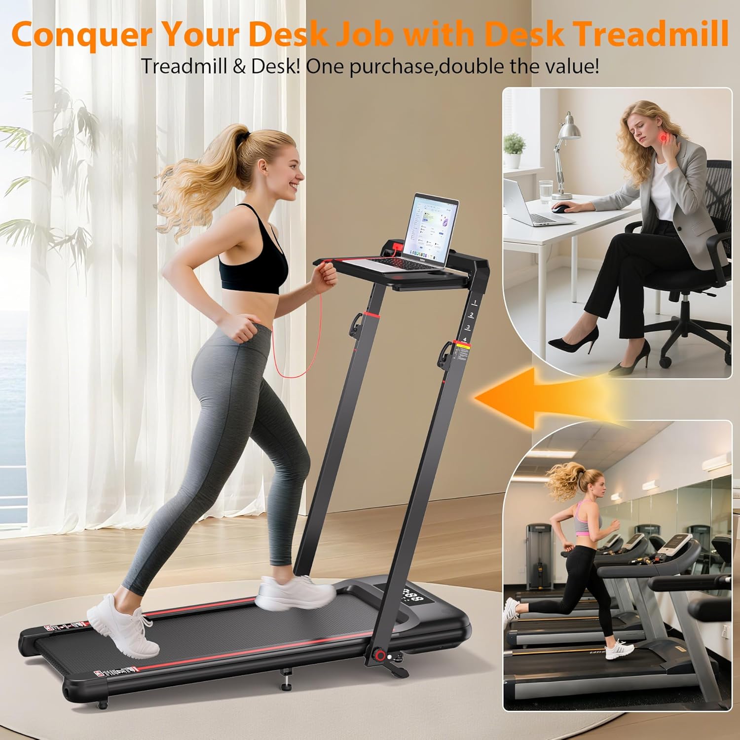 Walking Pad Treadmill with Desk Workstation, 3.0HP Under Desk Treadmills with 8% Incline Handle Bar, Foldable Portable Treadmill for Home Office, 300lbs Capacity, Remote Control, APP - Image 3