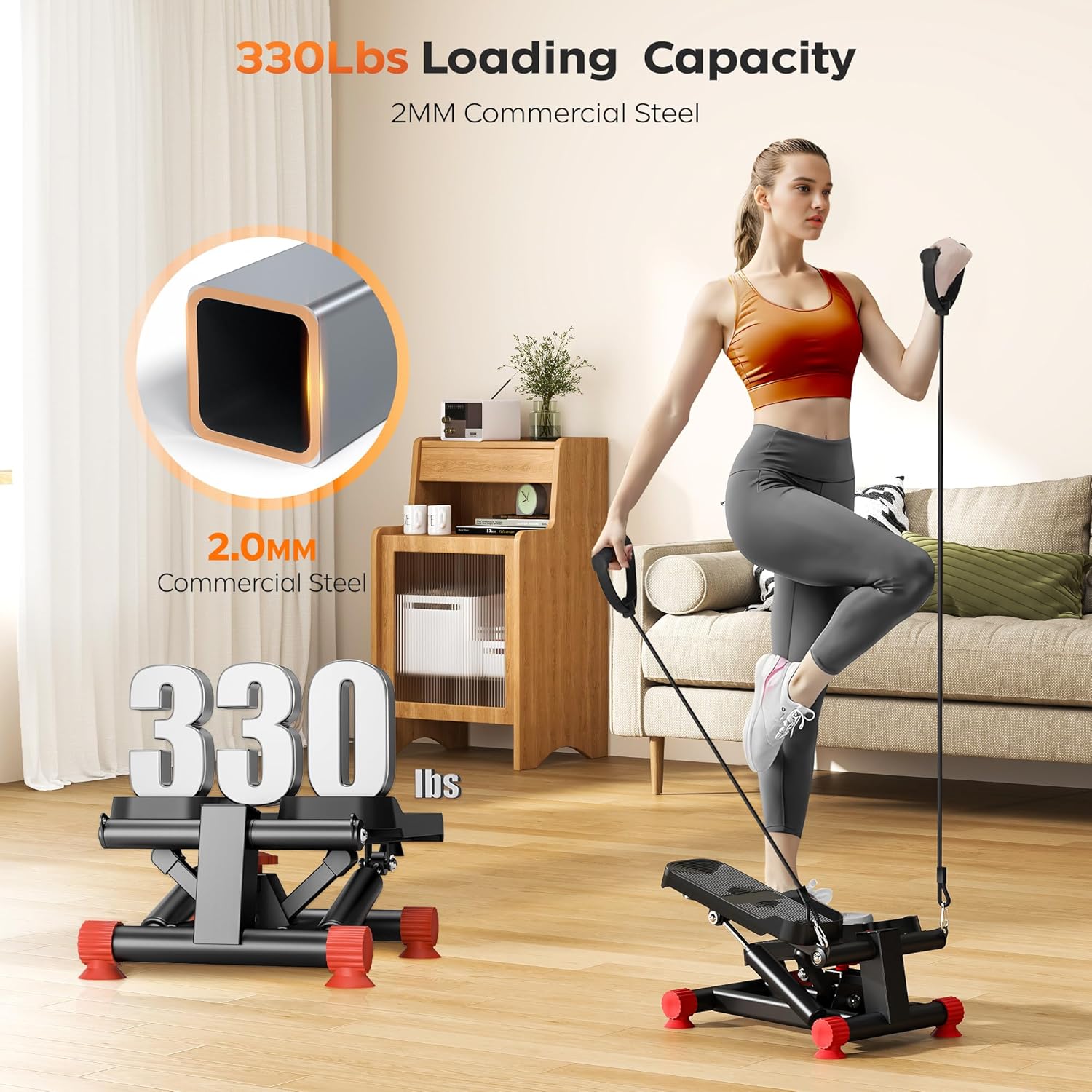 soges Steppers for Exercise at Home, Mini Stepper with Resistance Bands, Stair Stepper Machine with 300LBS Loading Capacity, Hydraulic Step Exercise Equipment with LCD Monitor, Red - Image 4