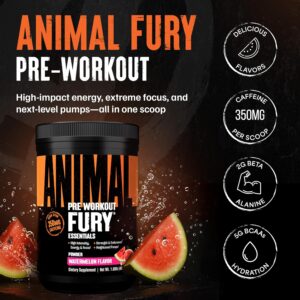Animal Fury Pre Workout Powder Supplement for Energy and Focus 5g BCAA 350mg Caffeine Nitric Oxide Without Creatine Powerful Stimulant for Bodybuilders, Watermelon