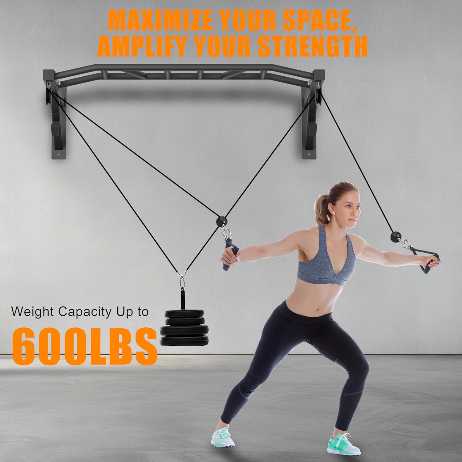 Wall Mounted Pull Up Bar With Pulley System, 600lbs Heavy Duty Chin Up Bar, 48" Multi Grip Pullup Bar, for Garage Indoor Basement Workout Strength Training Equipment, Ease Of Use Mounting - Image 3