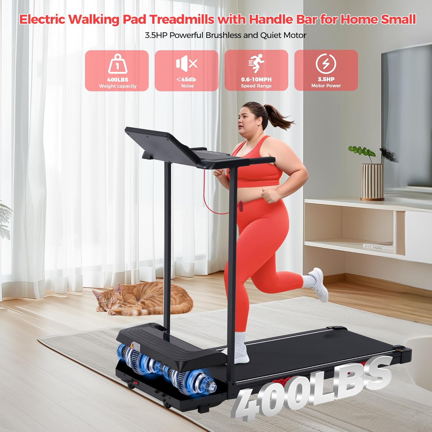 Electric Walking Pad with Handle Bar, 0.6-10MPH Portable Walkingp Pads Treadmills with Handles for Home Apartment Small, 3.5HP Foldable Folding Compact Treadmill for Small Spaces, LED Display, 400LBS - Image 4