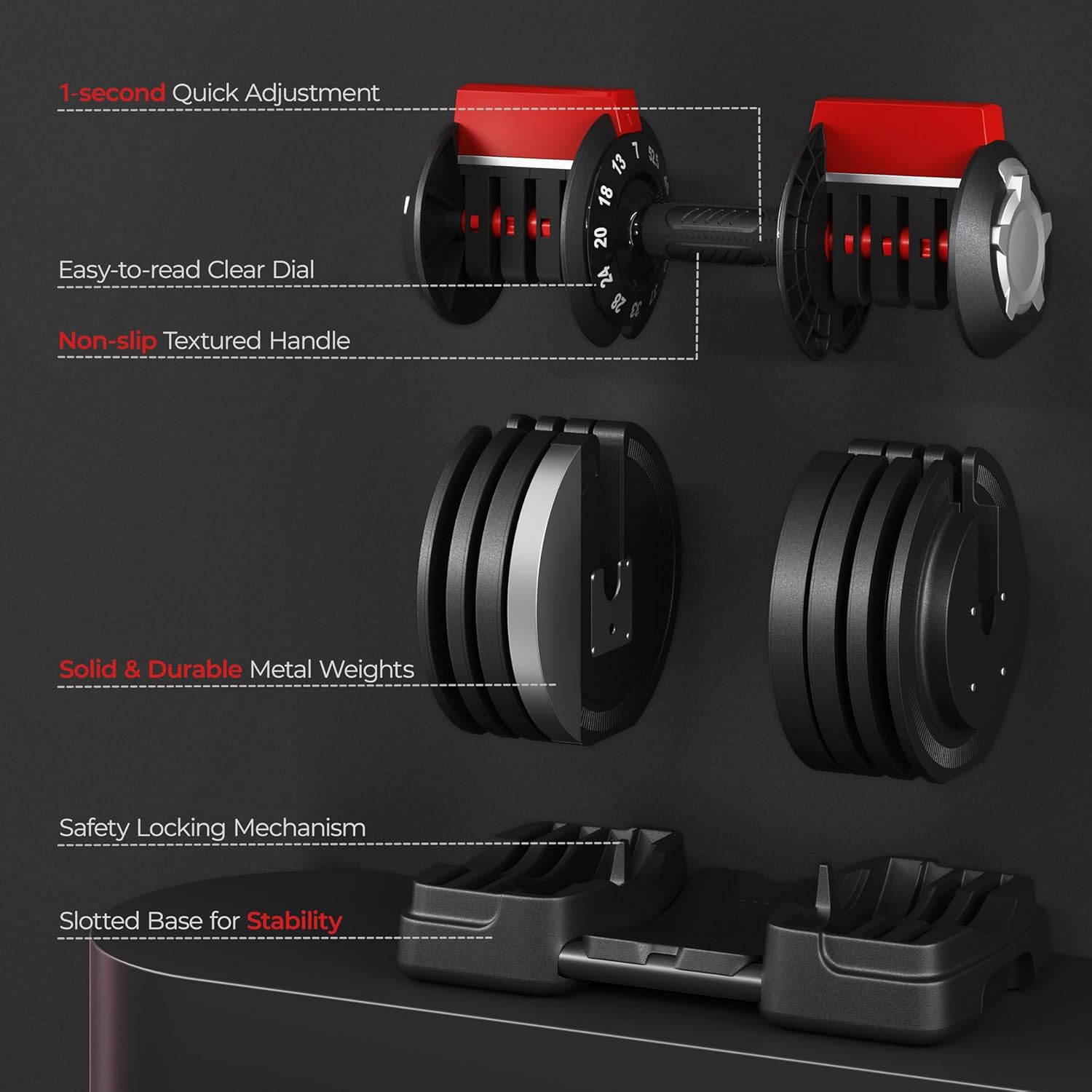 Yaheetech Adjustable Dumbbell Set 28/40/52.5/90LBS Adjustable Dumbbells Fast Adjust Dumbbell Weight Set with Anti-Slip Handle and Tray for Men/Women Home Gym Strength Training Equipment Single/Pair - Image 7