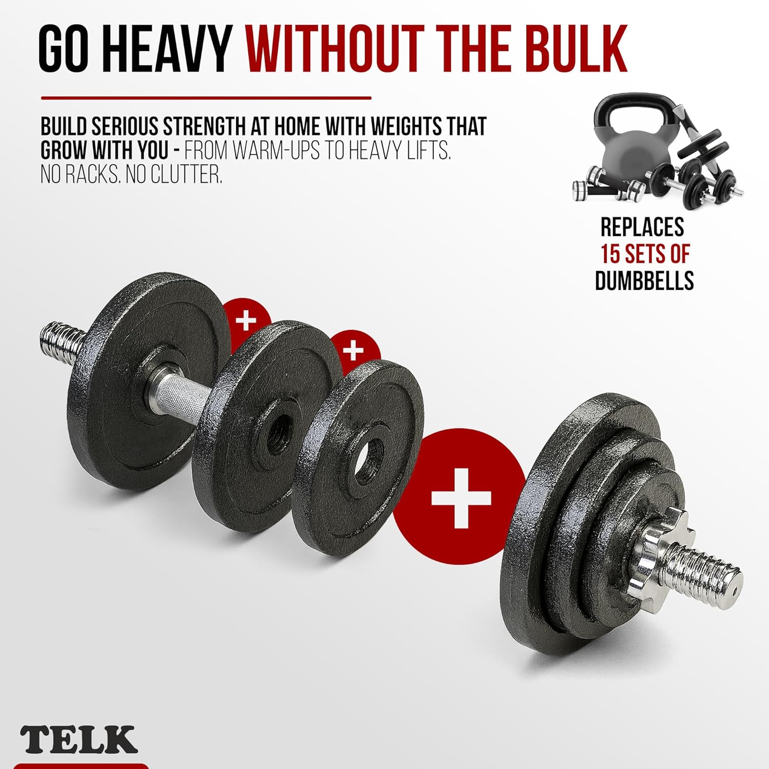 TELK – Adjustable Dumbbell Set – Home Gym Weight Set with Baked Enamel Cast Iron Plates – Space-Saving Free Weights for Strength Training - Image 3