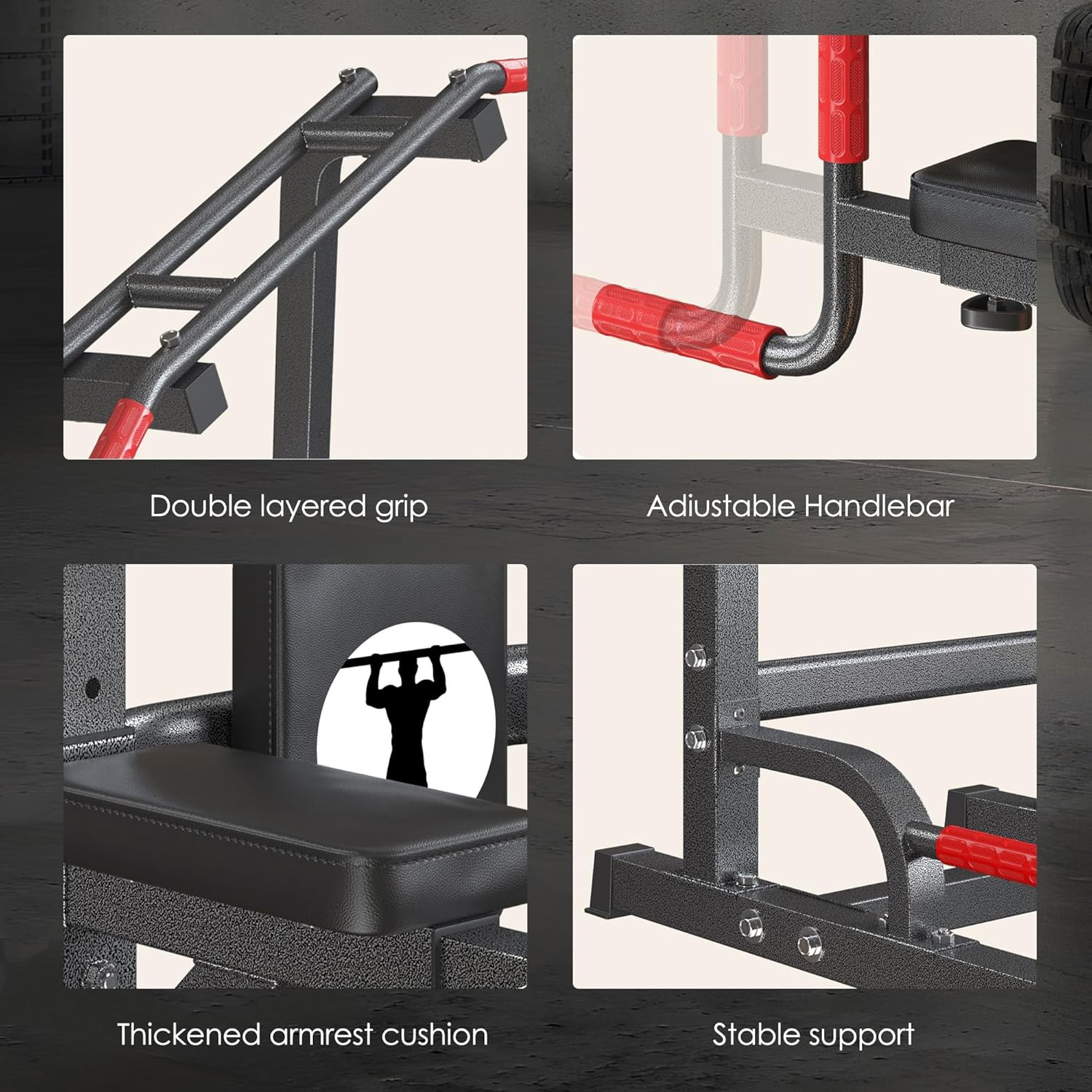 soges Pull Up Bar Dip Station, Power Tower with A Backrest, Adjustable Height Pull Up Bar Stand, Multi-Function Home Gym Strength Training - Image 5
