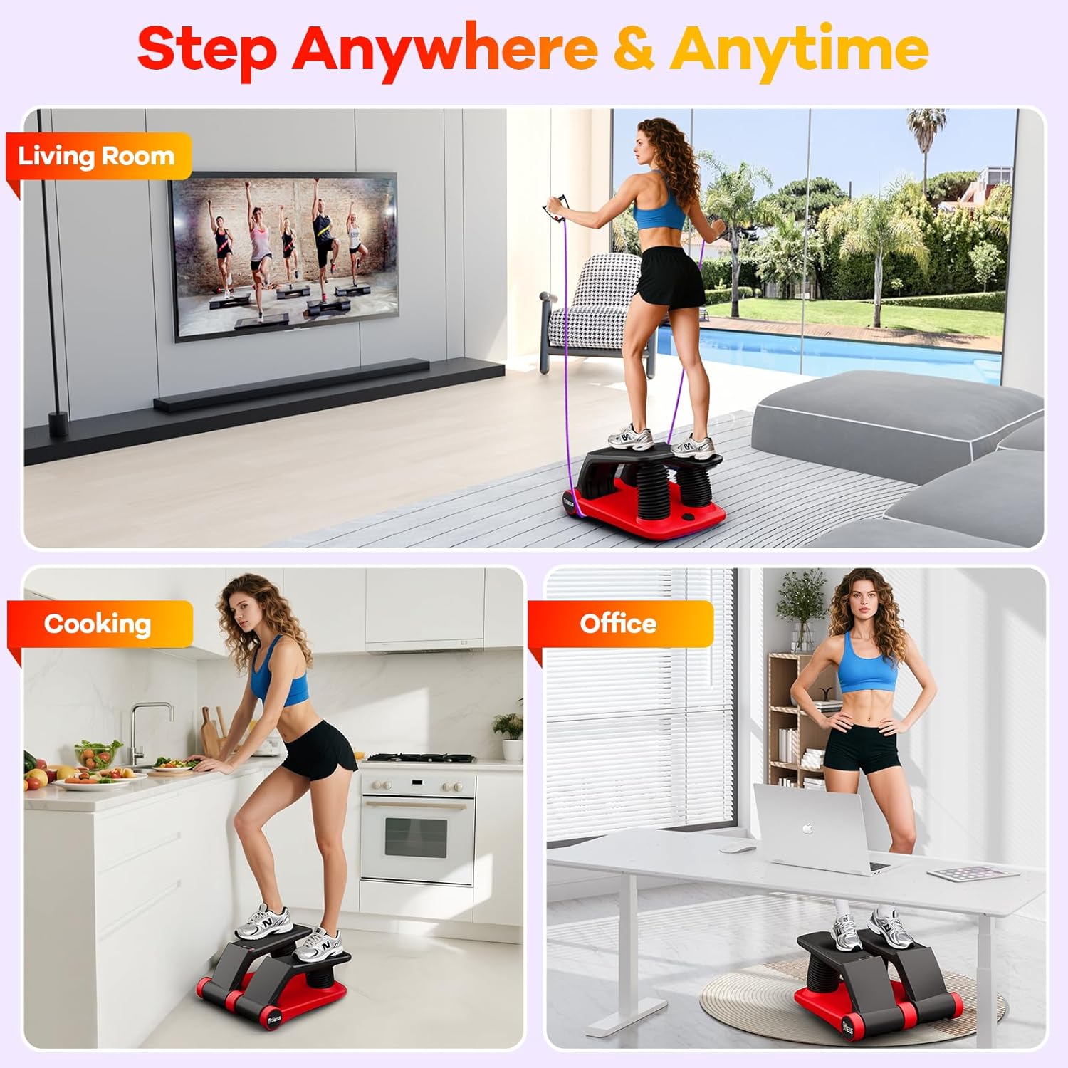 Air Compression Resistance Stepper – Adjustable Mini Stair Climber for Home Cardio Workout, Portable Stepper Machine with LCD Display, Non-Slip Pedals & Resistance Bands (Red and Black) - Image 9