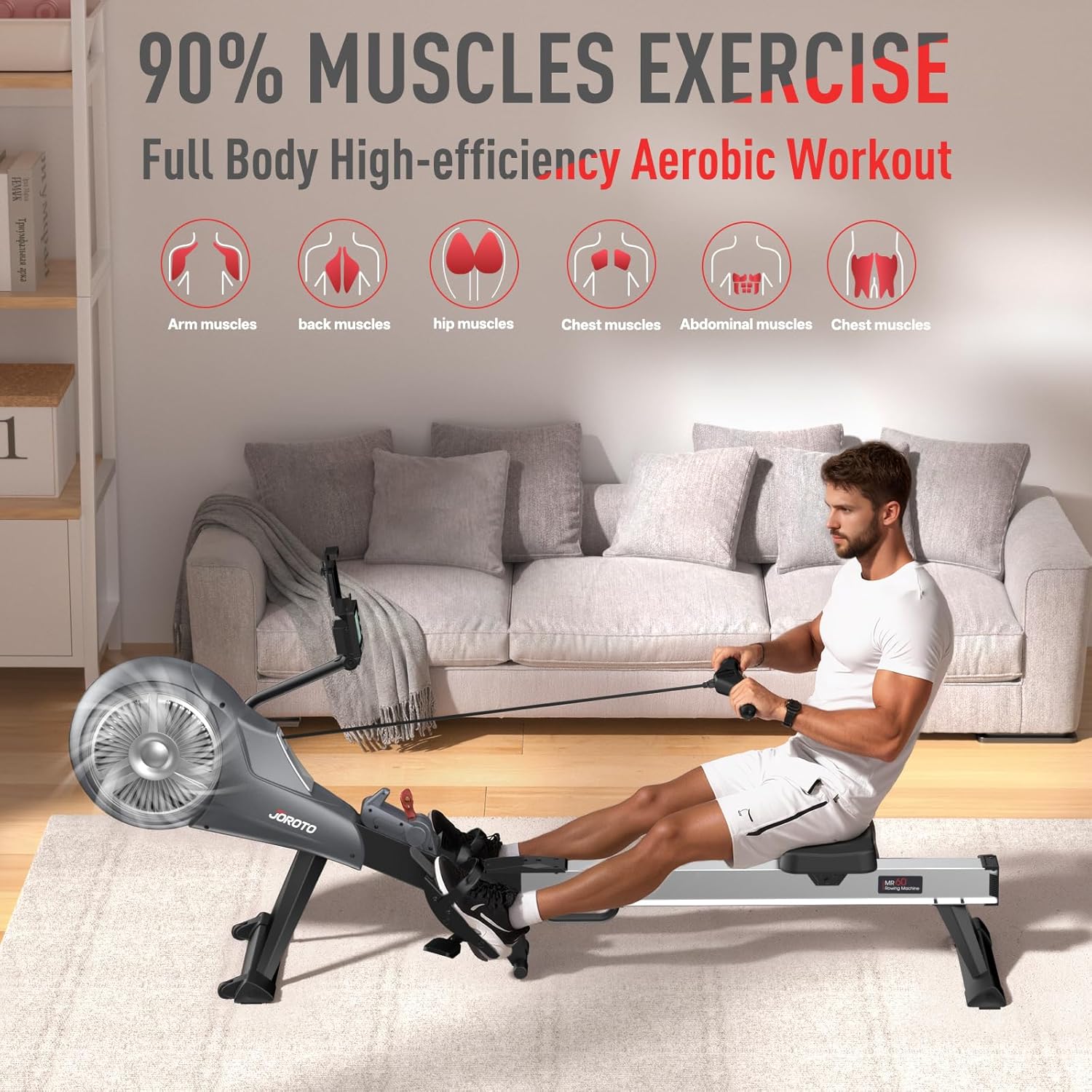 JOROTO Rowing Machine for Home Foldable, Air Magnetic Rowing Machines with 10-Level Adjustable Resistance, Quiet Ergonomic Seat,Bluetooth App, Max 350LBS, Space-Saving Home Gym, Gray - Image 8