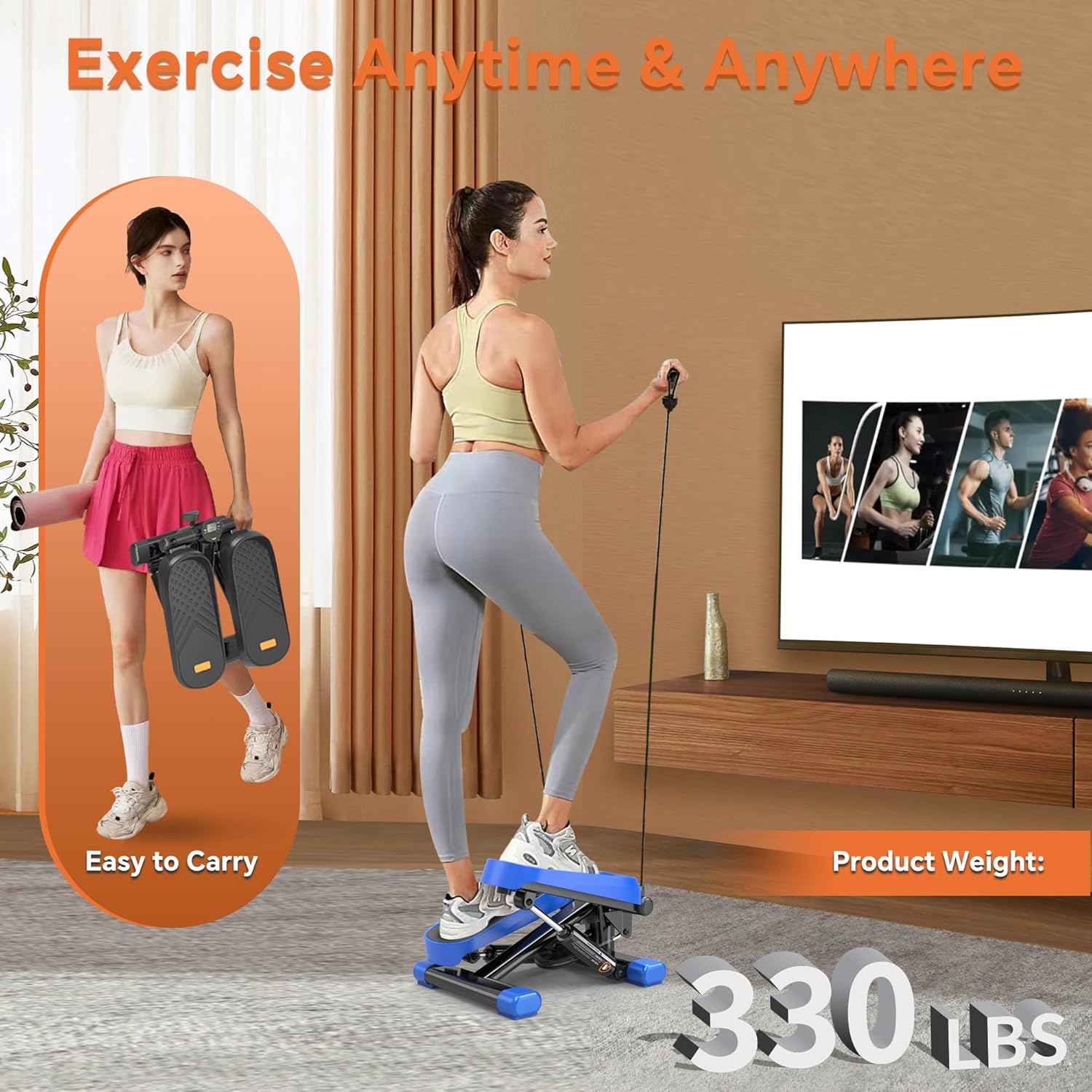 Mini Stepper for Exercise at Home, Portable Stair Stepper with Resistance Bands, 330LBS Capacity Stair Step Workout Machine with LCD Monitor for Fullbody Cardio Workout - Image 5
