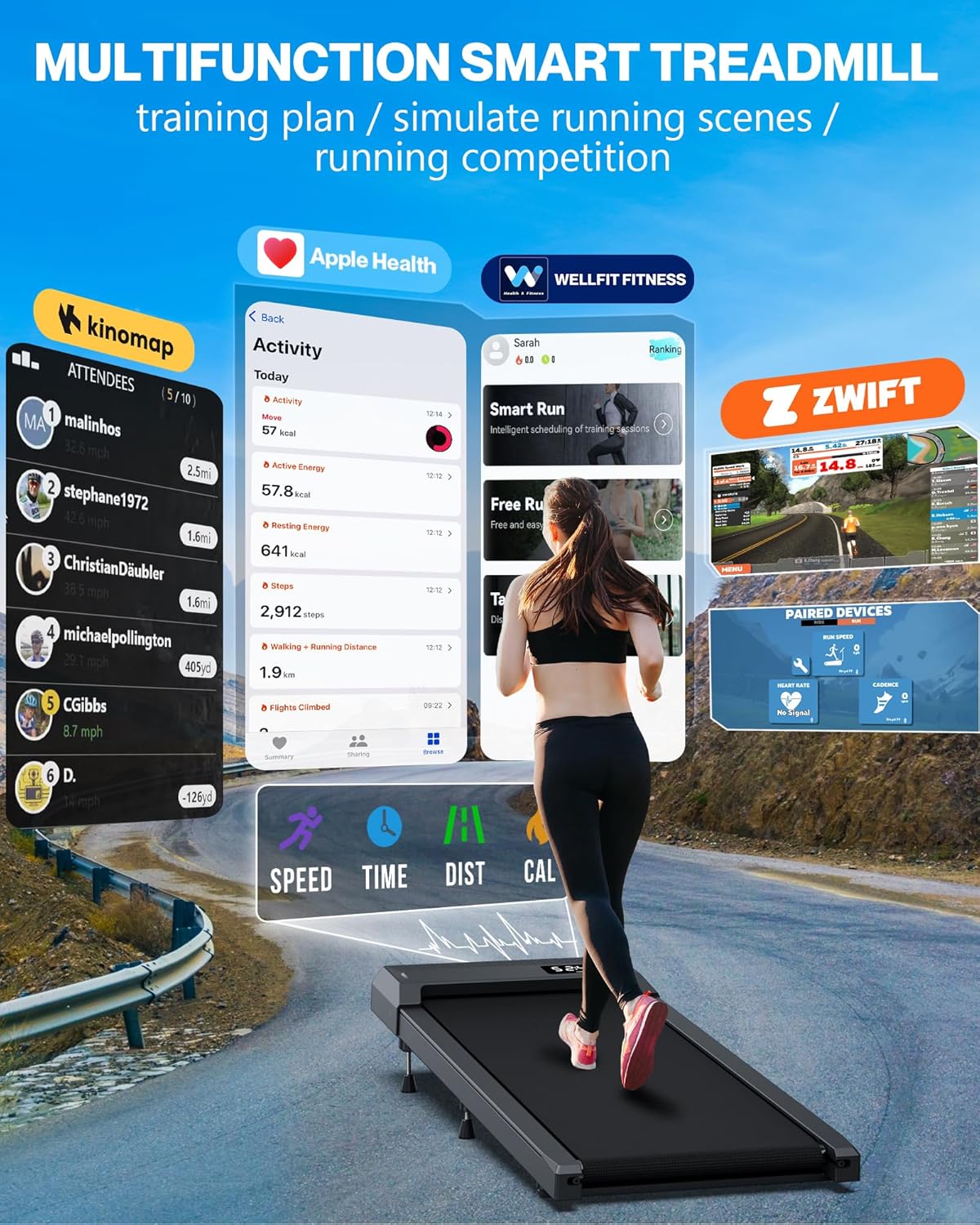 WELLFIT Walking Pad Treadmill with 10% Incline, Under Desk Treadmills for Home Office, Portable Small Walking Pad with Remote Control, 265 lbs Capacity, 2.5HP, Work with KINOMAP Apple Health - Image 2