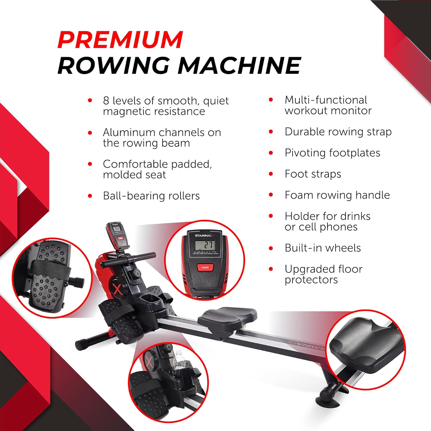 Stamina Magnetic Rower - Rower Machine with Smart Workout App - Rowing Machine with Magnetic Resistance for Home Gym Fitness - Up to 250 lbs Weight Capacity - Image 5