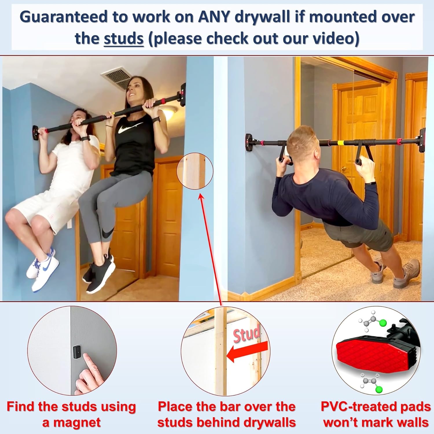Pull Up Bar for Hallway or Doorway 6-piece Set with Two Attachable Resistance Bands/Handles, Training Manuals, No Screws Chin Up Bar, Max 680lbs, Width options: 27-37", 37-47"; 46-53" - Image 3