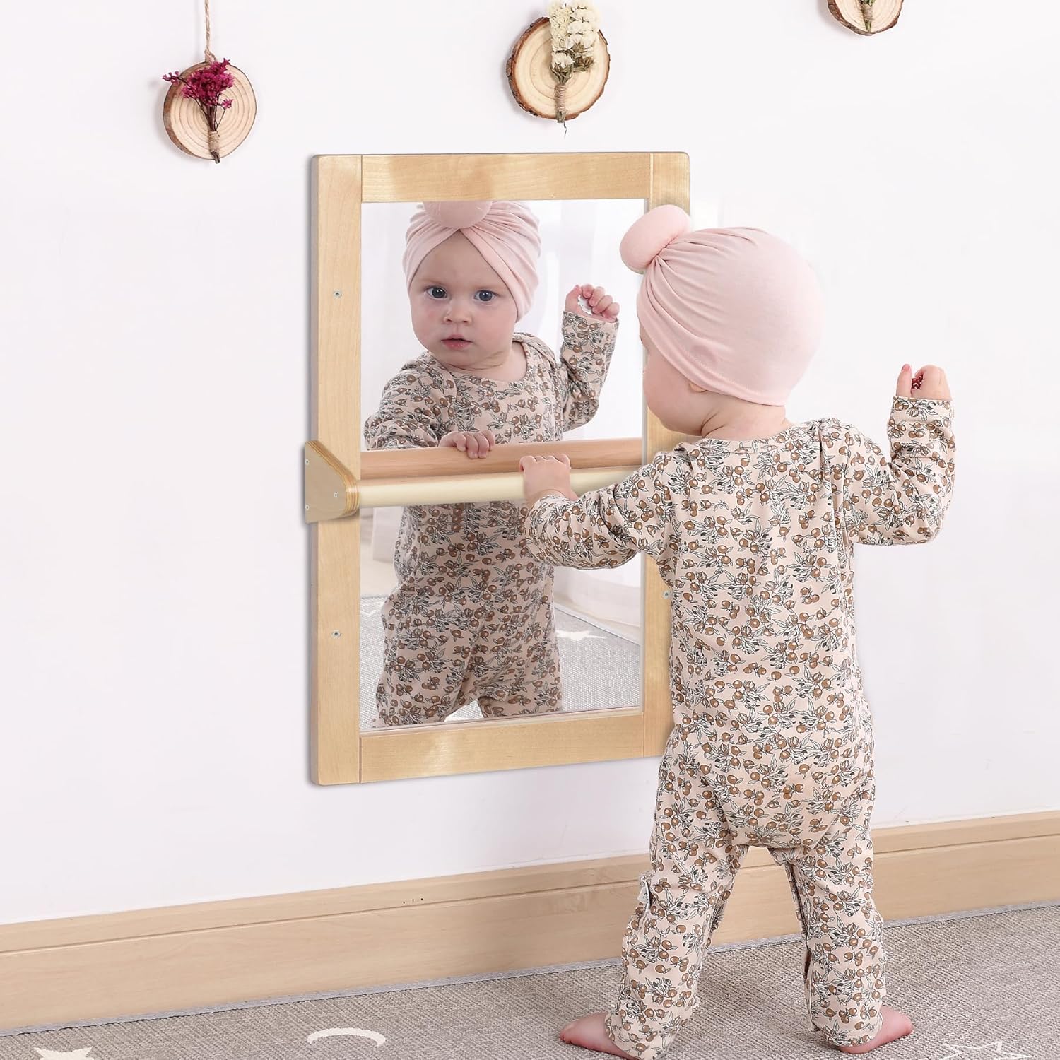 Baby Montessori Wooden Frame Non-Shatter Safety Mirror w/ 2 Pull Up Bars, Infant Coordination Small Mirror for 6-18 Months (Natural) - Image 2
