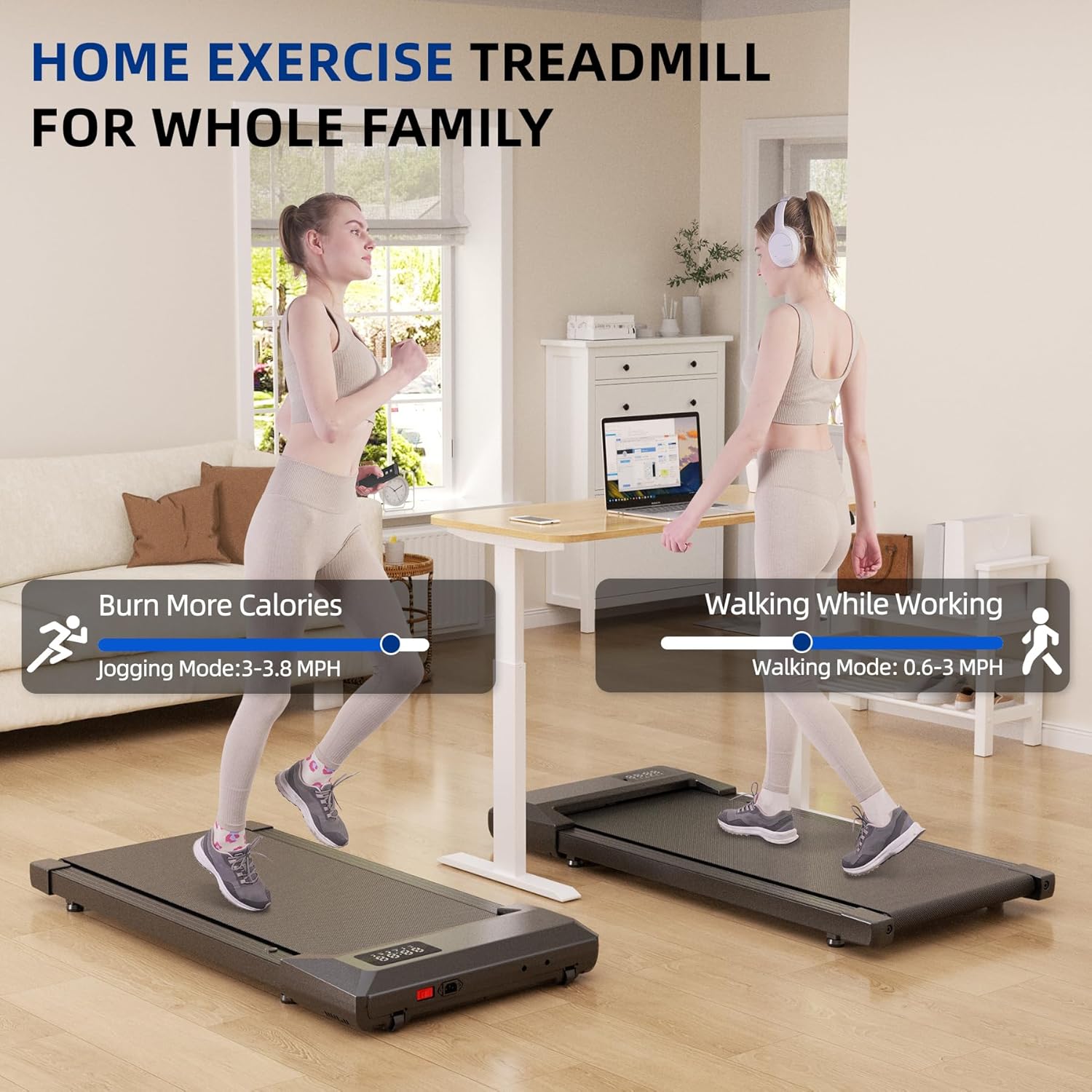 SupeRun Walking Pad, Under Desk Treadmill, 3 in 1 Portable Treadmill with Remote Control LED Display, 2.5 HP Quiet Walking Jogging Machine for Office Home Use, 300 Lbs Capacity - Image 3