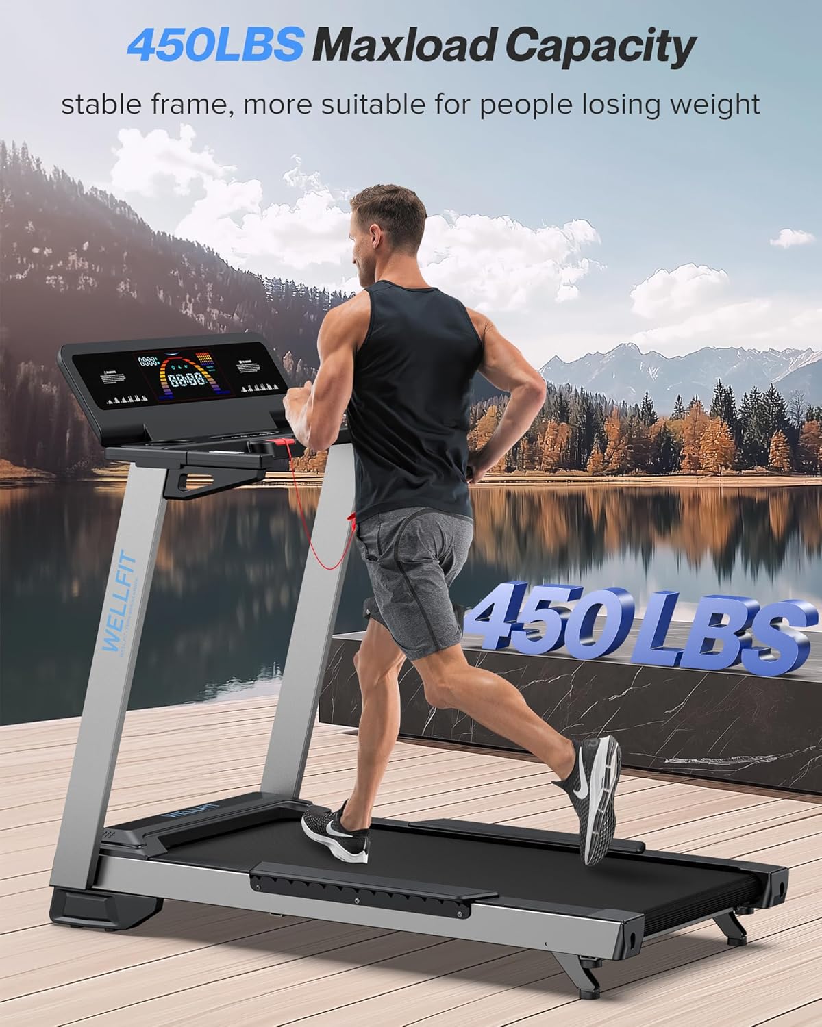 WELLFIT Home Treadmill, 2 Level Incline Heavyduty Treadmill with Pulse Sensor, 4.0 HP, 10 MPH, 450 lbs Capacity, 20'' x 45'' Running Area Treadmills with Bluetooth Player & LED Display - Image 2