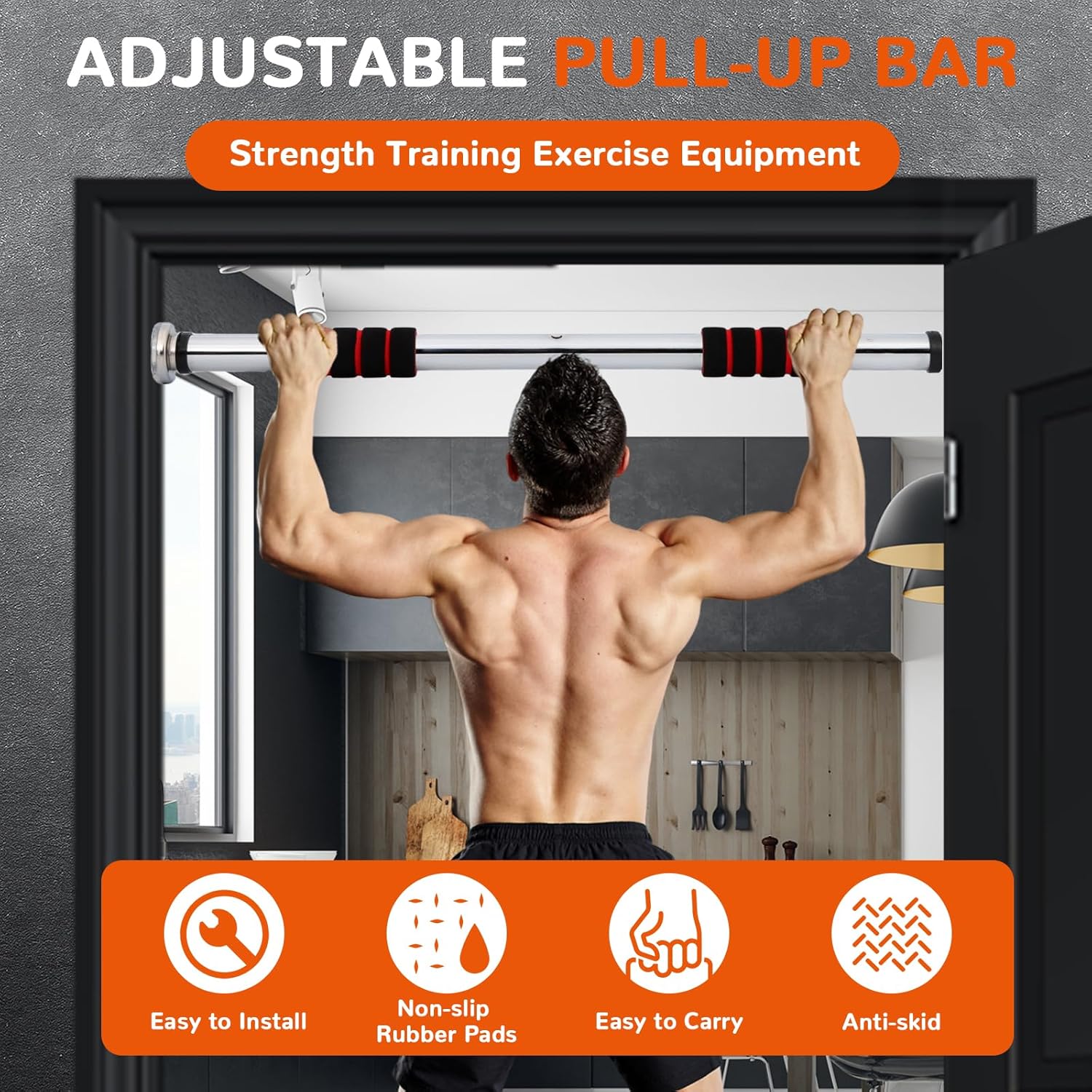 Pull Up Bar for Doorway 23.6in Adjustable Door Mounted Heavy Duty Steel Body Workout Chin Up for Home Exercise Fitness(Red) - Image 5
