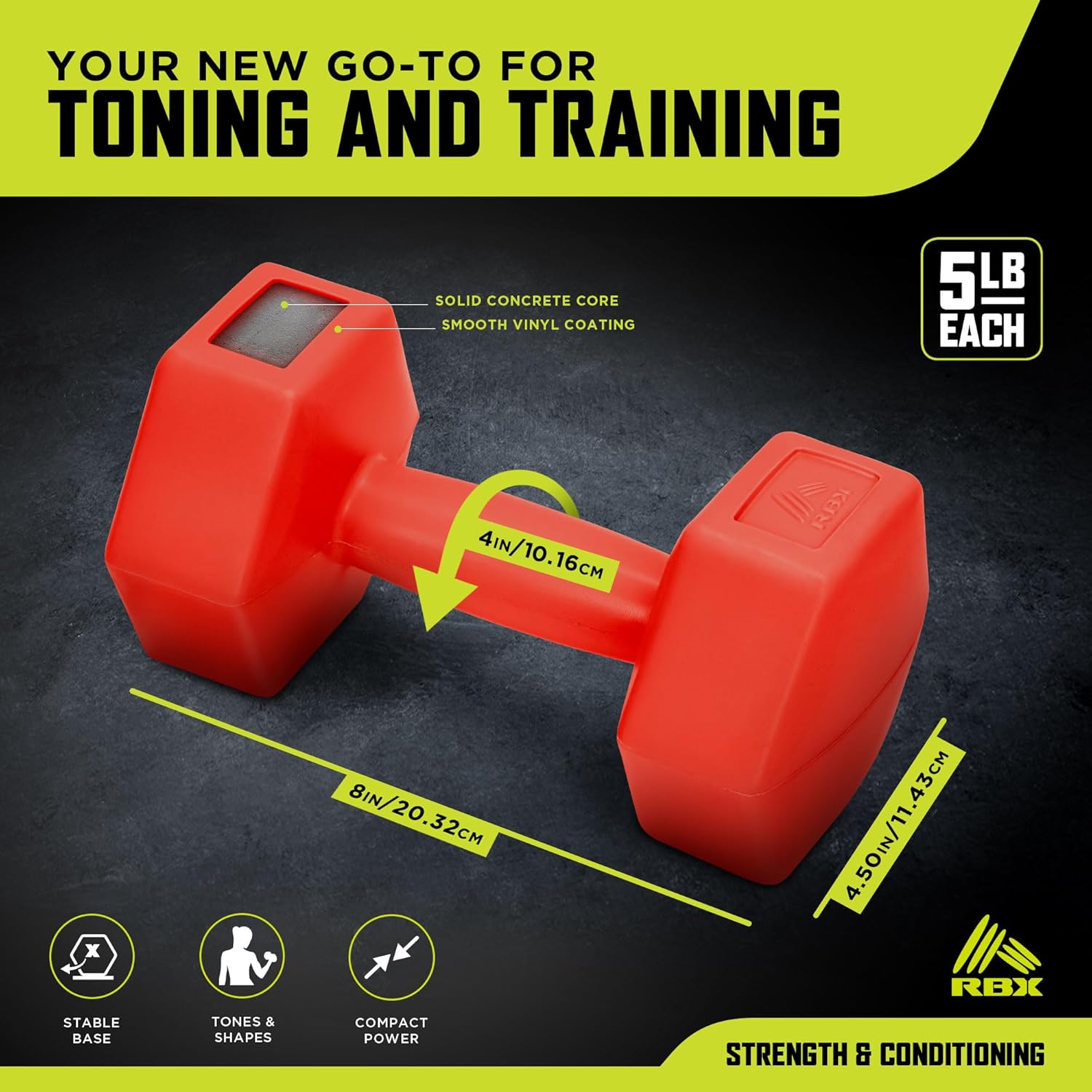 RBX Vinyl Coated Hand Weight Dumbbell Set - Hex Shaped, Roll Free for Body Building/Sculpting/Strength Training Exercise, (Set of 2) - Image 2