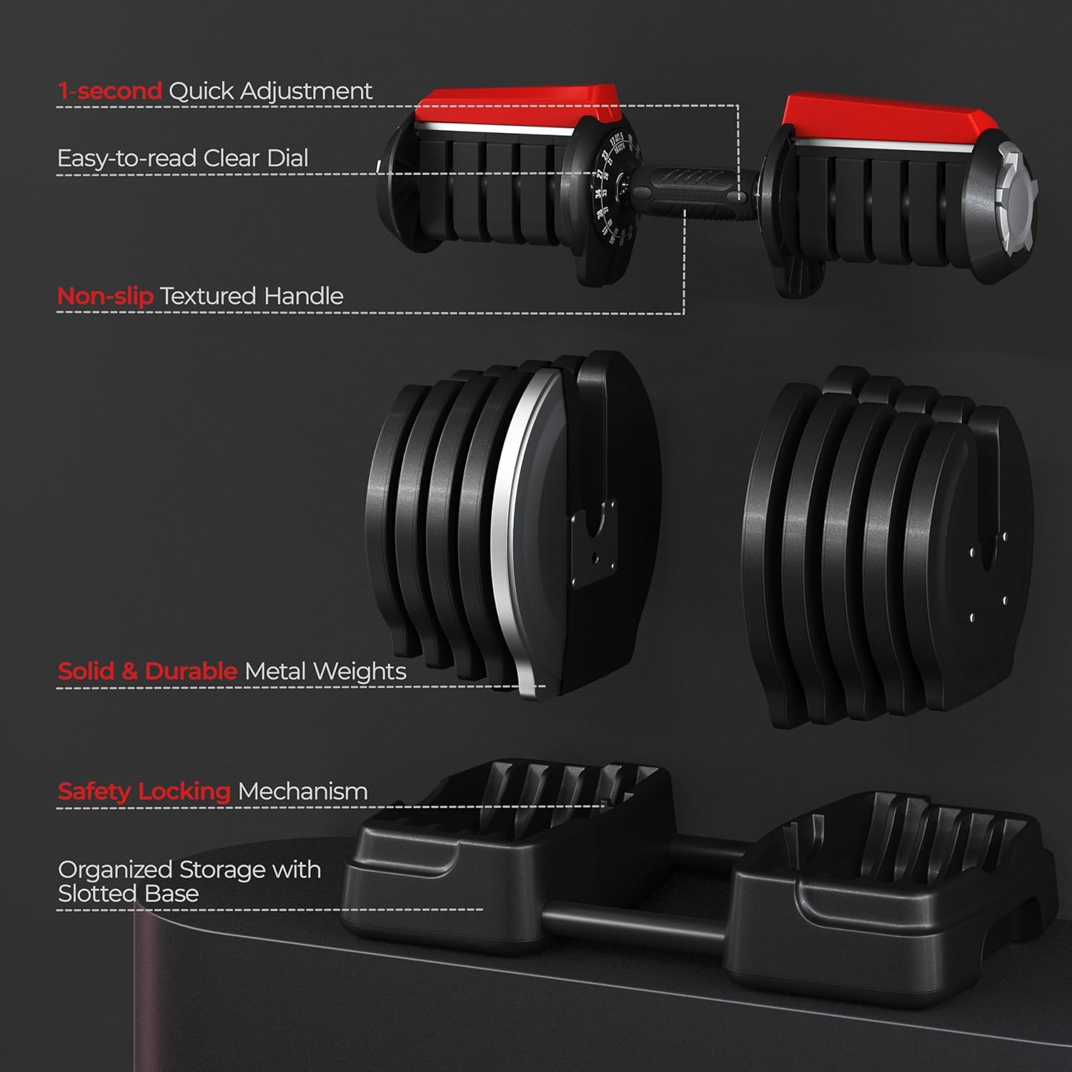 Yaheetech Adjustable Dumbbell Set Free Weight Dumbbells 40lbs/52.5lbs/90lbs Fast Adjust Dumbbells Dumbbell Weight Set, with Tray for Men/Women Strength Training Equipment - Image 4