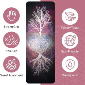 𝑯𝑰𝑮𝑯𝑻𝑶𝑷 Vegan Suede Yoga Mat – Tree of Life/Root Chakra Design, Extra Thick 1/4” (6mm), Sweat-Grip Surface – Perfect for Yoga, Hot Yoga, Pilates & Sweaty Workouts – Free Strap Included