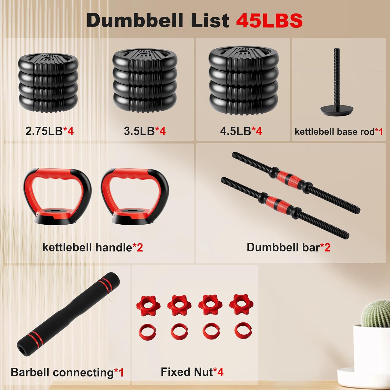 Adjustable Dumbbell Set, 10/20/30/45/70/90lbs Free Weight Set with Connector, 4 in1 Dumbbells Set Used as Barbell, Kettlebells, Push up Stand, Fitness Exercises for Home Gym Suitable Men/Women - Image 7