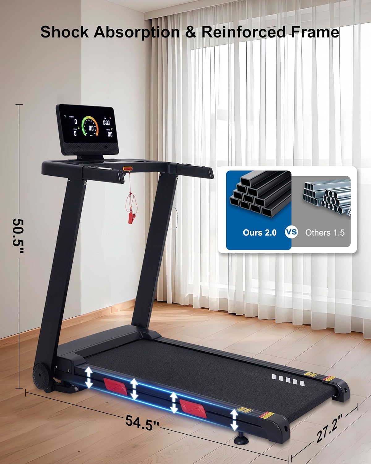 Auto Incline Treadmill, 20% Incline, 3.0HP, 10 MPH Running Machine, 18.5" Wide Belt, 350 lbs Capacity, Treadmill for Home with Bluetooth App - Image 5