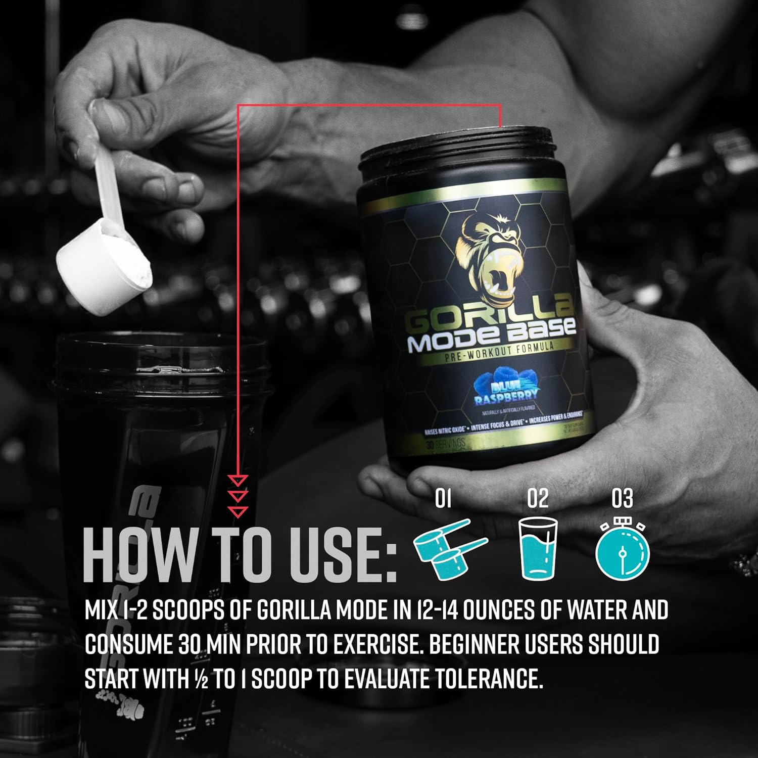 Gorilla Mind Base Pre Workout - Raises Nitric Oxide Intense Focus & Drive Endurance Power - L-Citrulline, L-Tyrosine, Betaine, Alpha-GPC, Caffeine, Huperzine A - 360 Grams (Watermelon) - Image 5