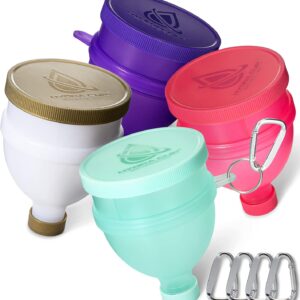 Hydra Cup [4 Pack Funnels for Filling Water Bottles with Protein Powder, 3 Compartment Pill Storage, Supplement Container Set to Go or Kitchen Use, Keychain for Shaker Cup