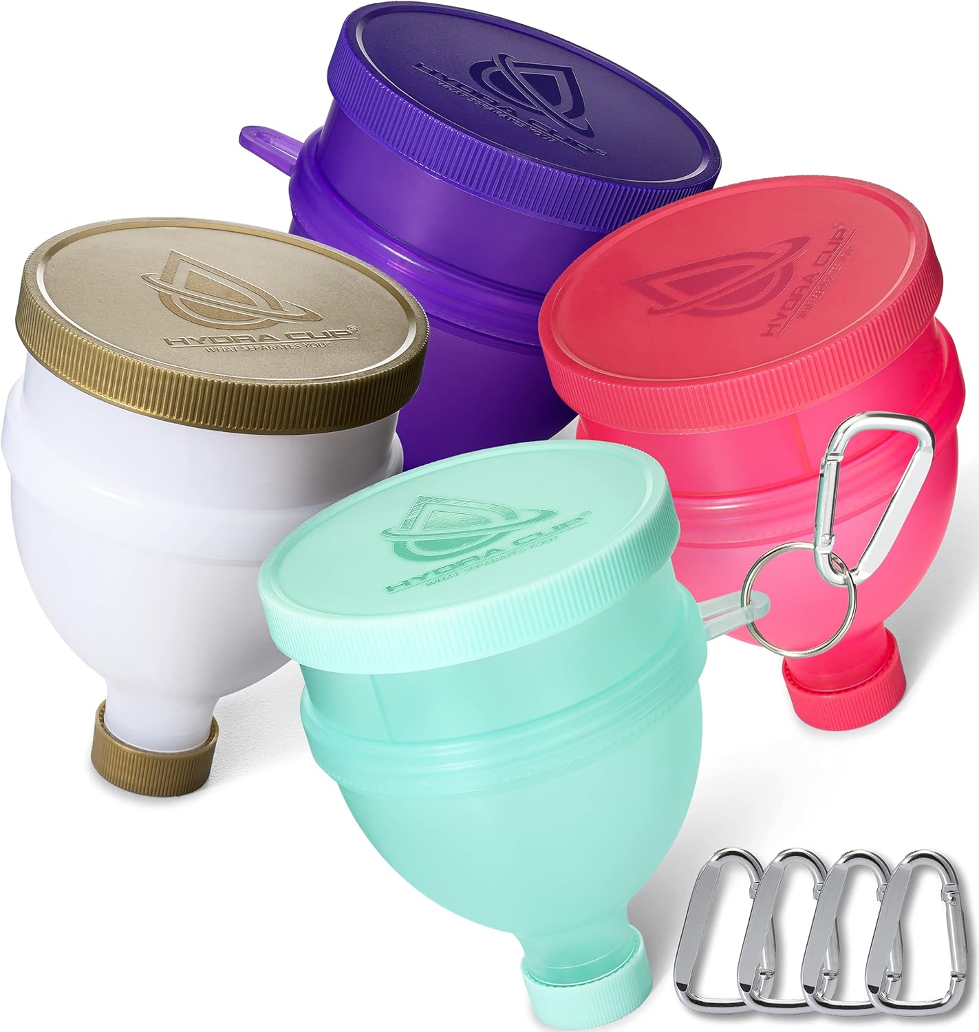Hydra Cup [4 Pack Funnels for Filling Water Bottles with Protein Powder, 3 Compartment Pill Storage, Supplement Container Set to Go or Kitchen Use, Keychain for Shaker Cup