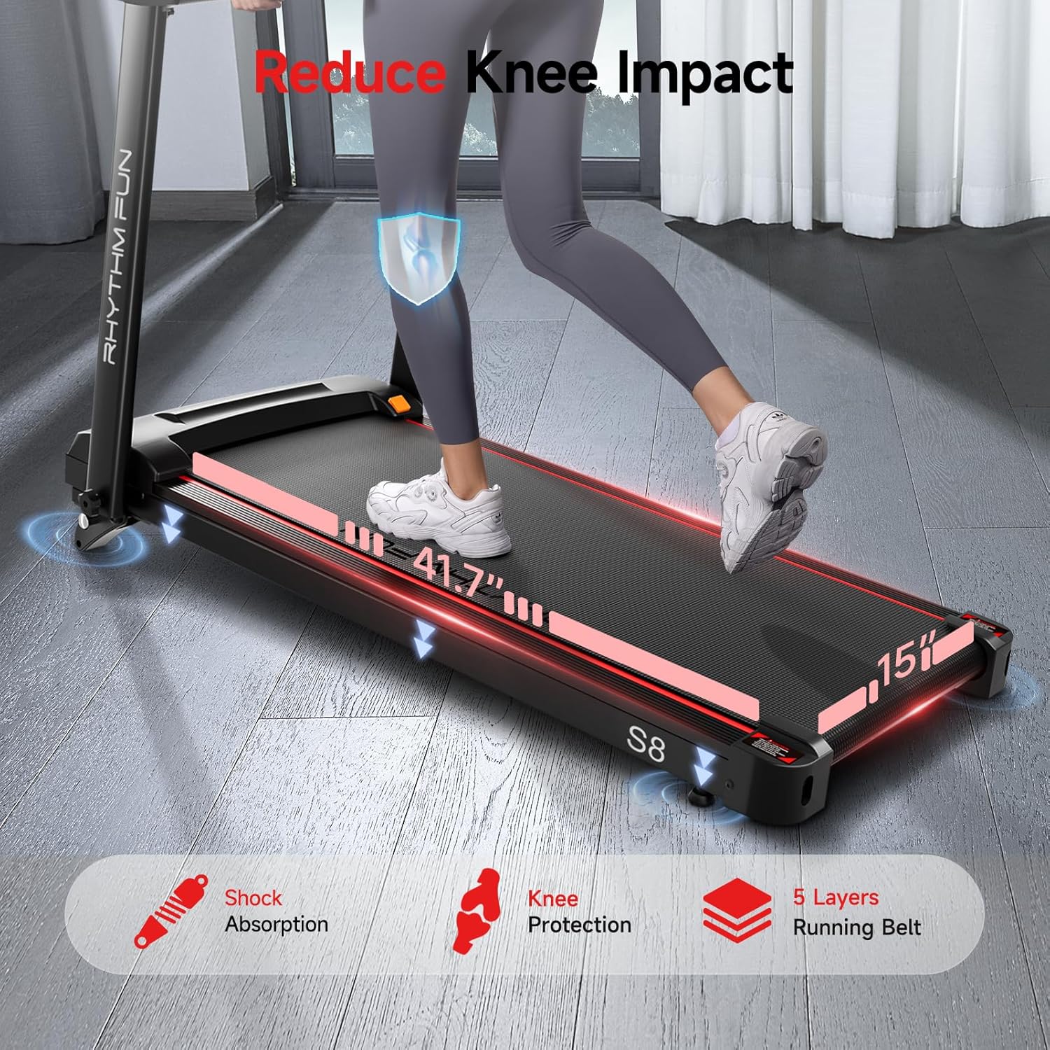 RHYTHM FUN Treadmill with Incline, 8.0 MPH Treadmills for Home with 8% Incline, Foldable Treadmill with Handles, Low Noise Walking Pad for 300 lbs - Image 6