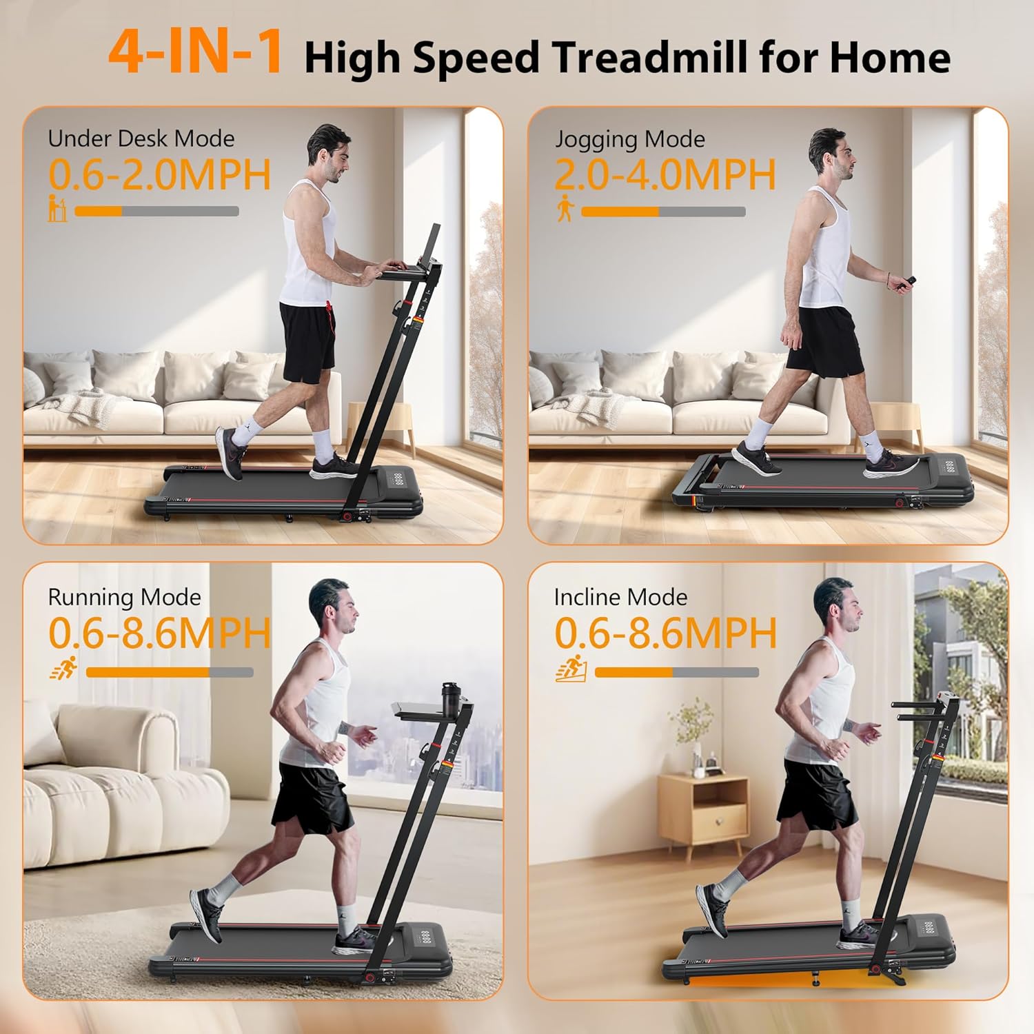 Walking Pad Treadmill with Desk Workstation, 3.0HP Under Desk Treadmills with 8% Incline Handle Bar, Foldable Portable Treadmill for Home Office, 300lbs Capacity, Remote Control, APP - Image 4