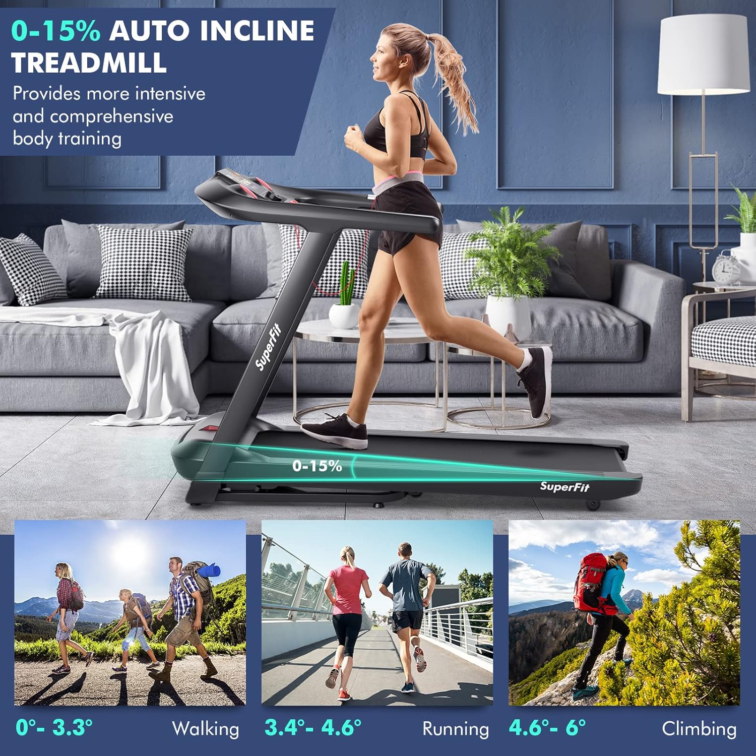 Goplus 4.75HP Folding Treadmill with 15% Auto Incline, Electric Superfit Treadmill w/Voice and APP Control, 20 Preset Programs, LED Touch Screen, Walking Jogging Running Machine for Home Office - Image 2