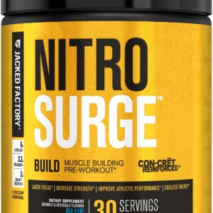 Jacked Factory Nitrosurge Build Pre Workout with Creatine for Muscle Building – Con Cret Creatine Powder & elevATP for Intense Energy, Powerful Pump, & Endless Endurance – 30 Servings, Blue Raspberry