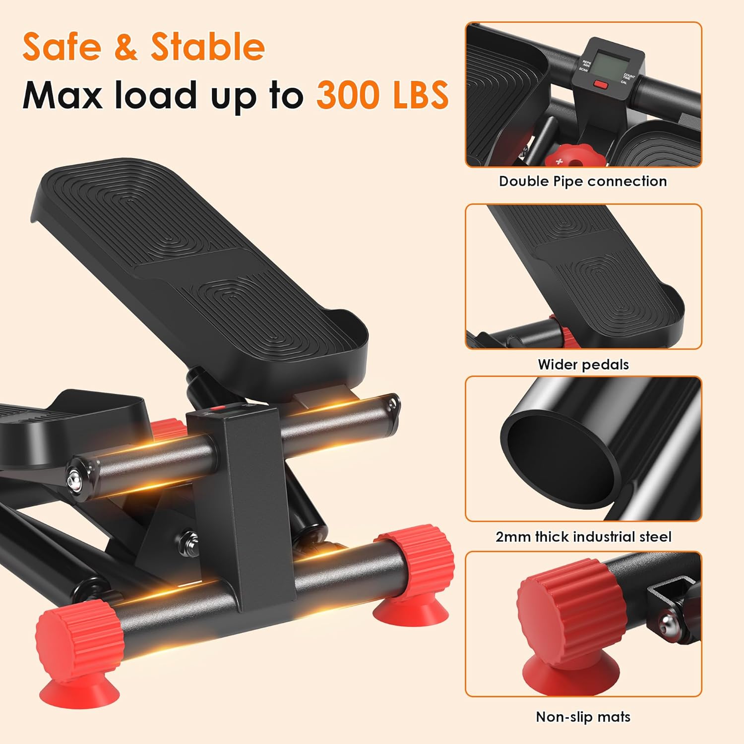 SogesPower Steppers for Exercise at Home,Mini Stair Stepper with Resistance Bands,Full Body Workout Equipment with LCD Monitor,Portable Stepper with 330LBS Capacity - Image 6