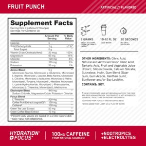 Optimum Nutrition Amino Energy Powder Plus Focus, with BCAA, Electrolytes, and Caffeine, Fruit Punch, 30 Servings (Packaging May Vary)