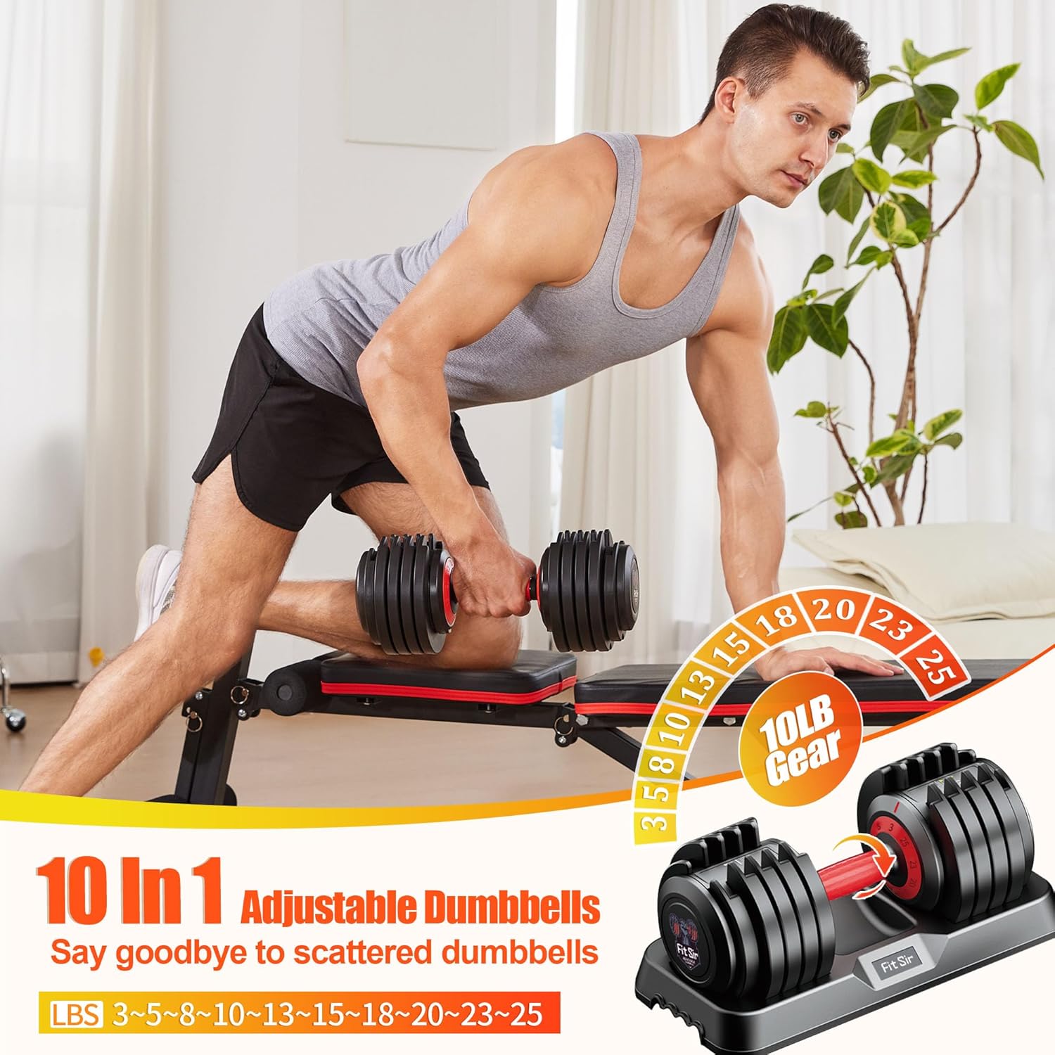 Adjustable Dumbbell Set 25/55/90LBS,10 in 1 Free Weights Dumbbell with Anti-Slip Texture Handle,1 Sec Speed Adjustment Men/Women Gym and Home Strength Training Equipment. - Image 2