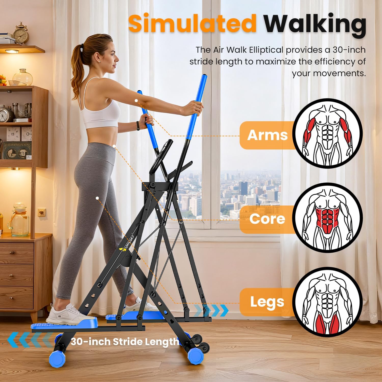 OWLSKY Air Walk Elliptical Exercise Machine for Home Gym – Compact Elliptical Cross Trainer with LCD Monitor, Device Holder, Low-Impact Cardio Workout, Full Body Fitness Equipment - Image 2