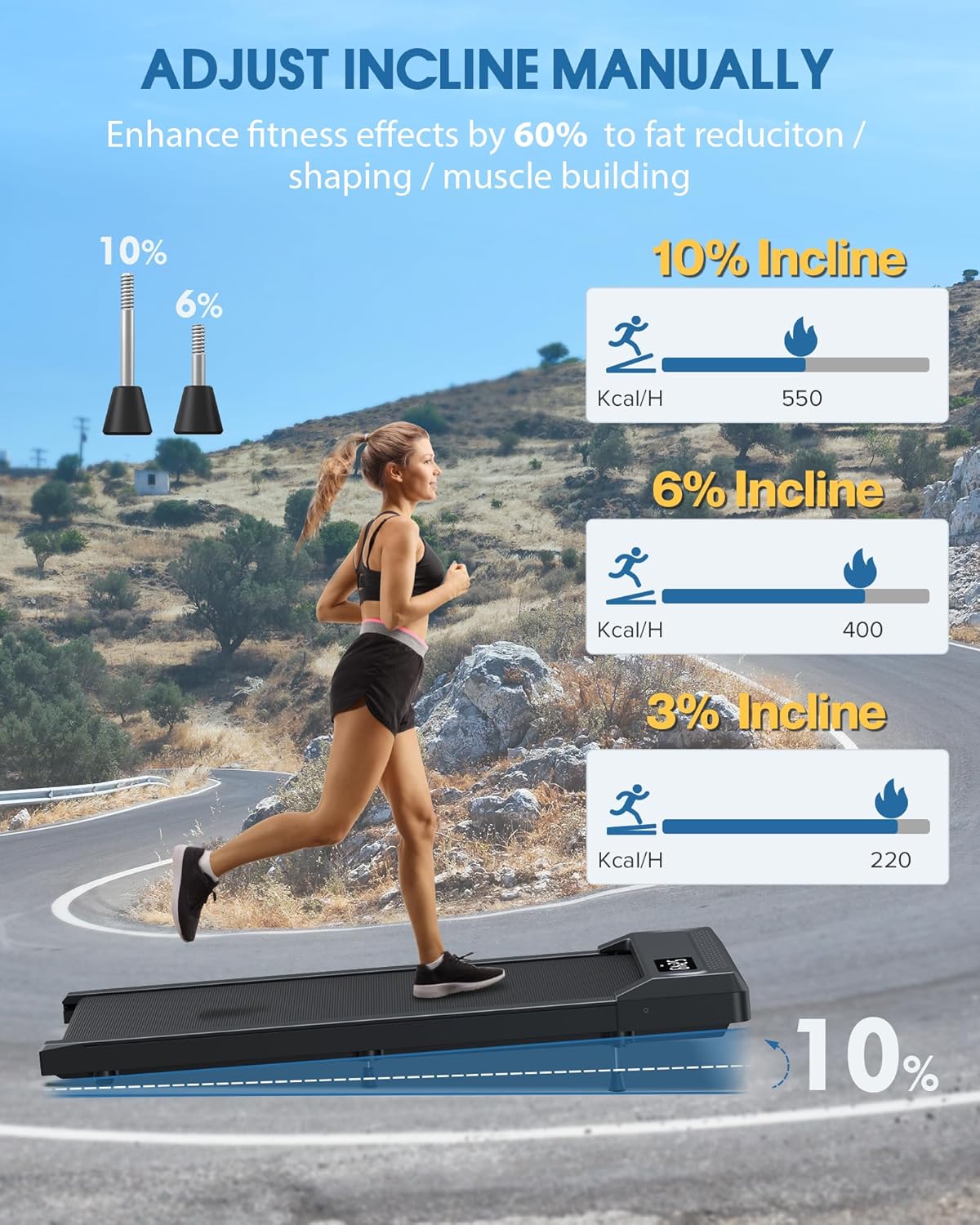 WELLFIT Walking Pad Treadmill with 10% Incline, Under Desk Treadmills for Home Office, Portable Small Walking Pad with Remote Control, 265 lbs Capacity, 2.5HP, Work with KINOMAP Apple Health - Image 3